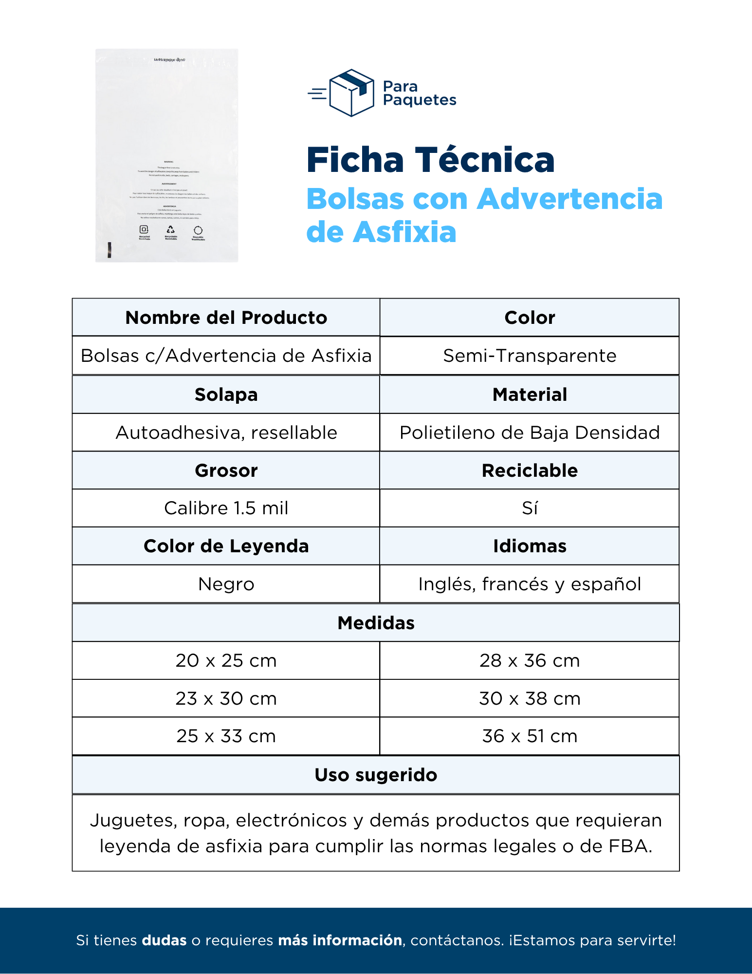 Ficha Técnica del Producto de Para Paquetes